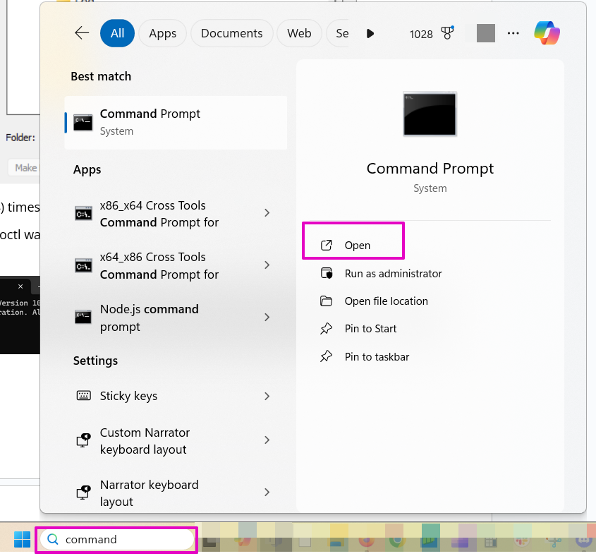 Capture of Windows search field with text: command. Result of Command Prompt shown. "Open" is highlighted in purple.