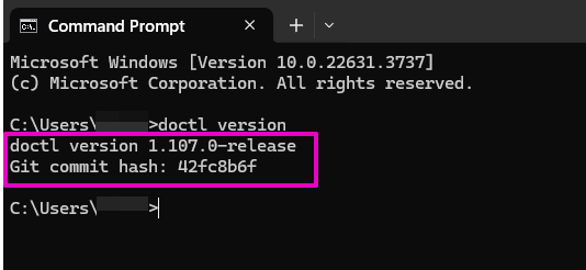 Capture of Command Prompt.  After entering "doctl version" and hitting enter, Text: doctl version 1.107.0-release, Git commit hash: 42fc8b6f.