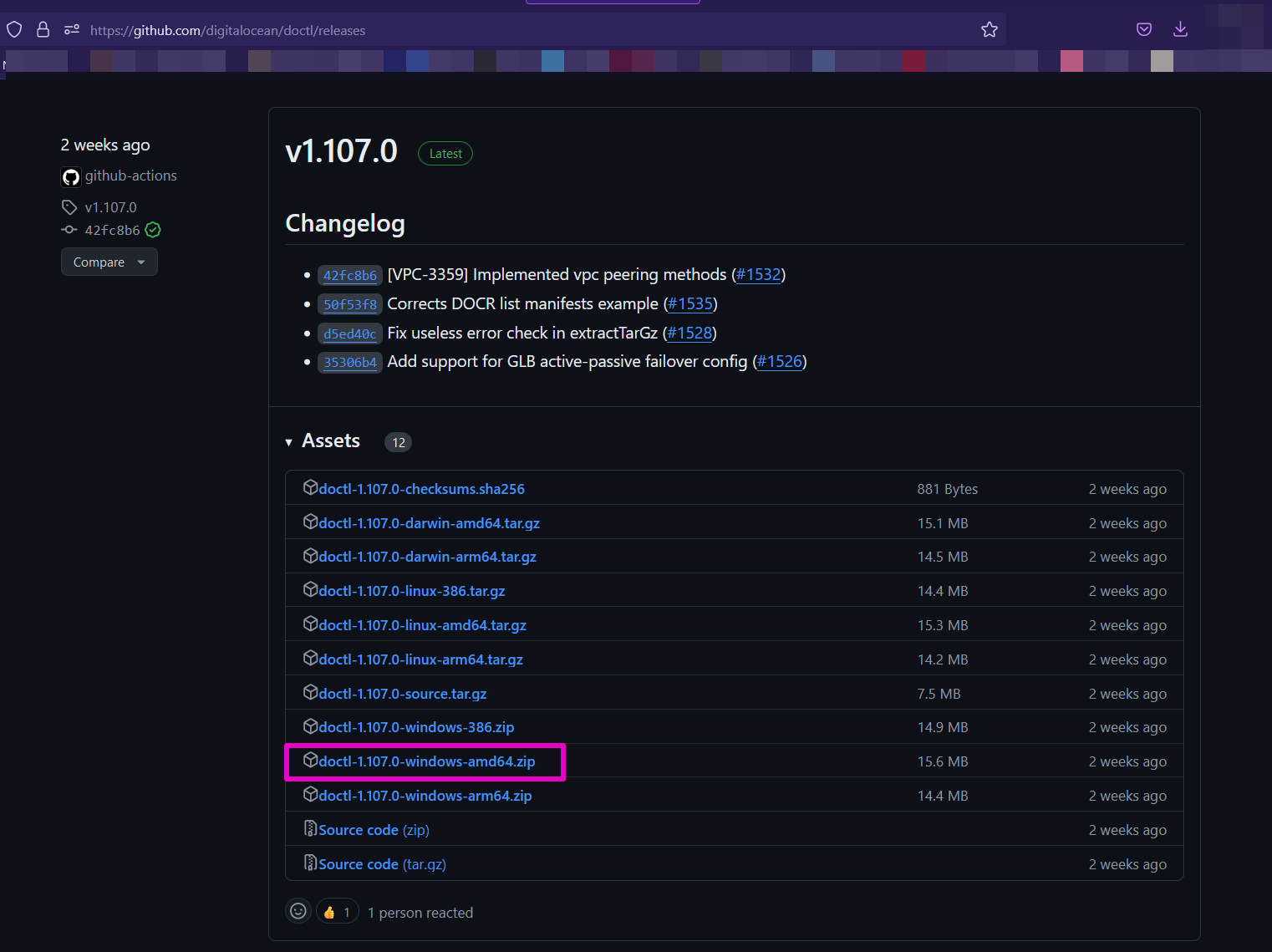 Capture of Github project page for doctl. "doctl-1.110.0-windows.amd64.zip" download link highlighted in purple.