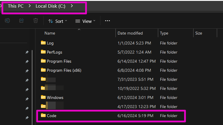 Capture of "Code" folder directly on C drive of a Windows computer.