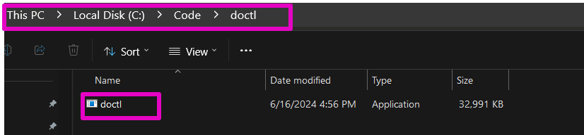 Capture of doctl file placed within Code folder.