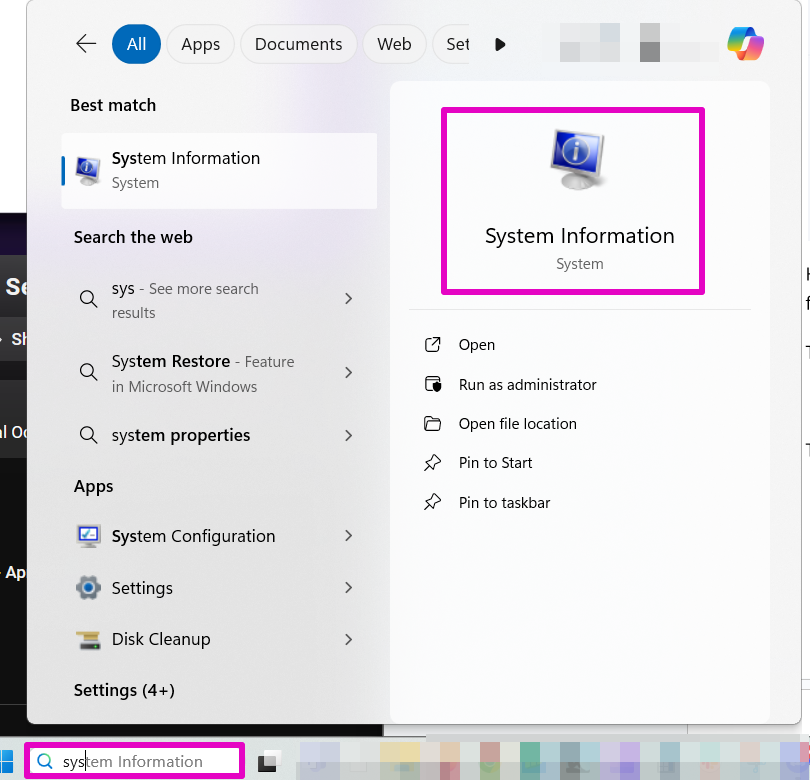 Capture of Windows search field on term "system information" with result of "System Information" icon highlighted in purple.