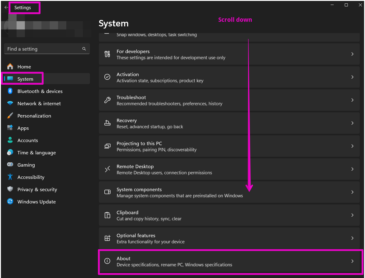 Capture of Settings section, System tab, About section on a Windows computer.