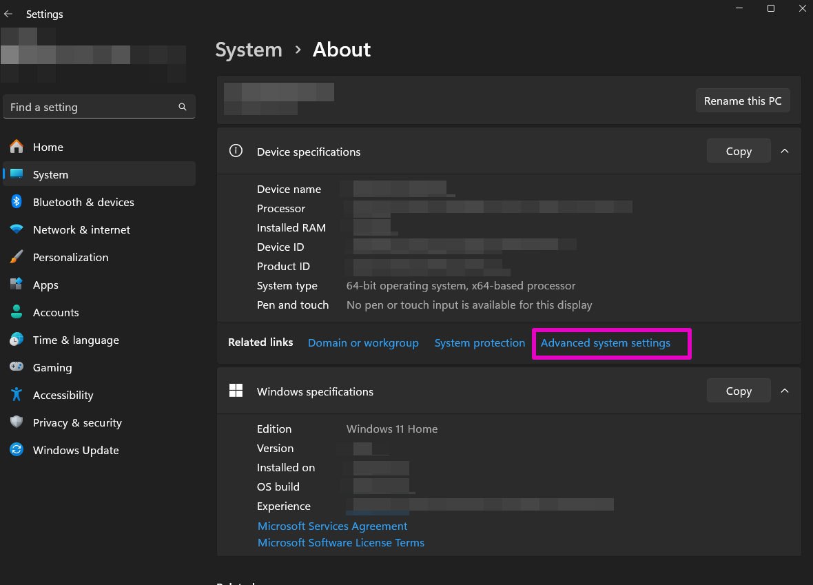 Capture of Settings section, System tab, About section, Device specifications section.  "Advanced system settings" link highlighted in purple.
