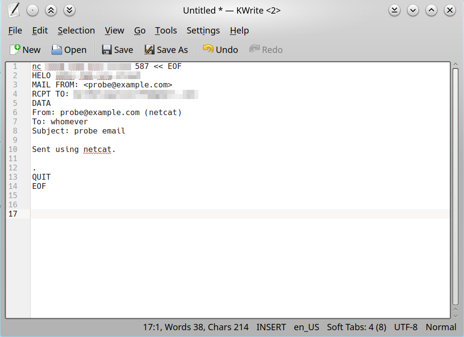 Capture from KWrite (alt Notepad). Example test email with formatting.