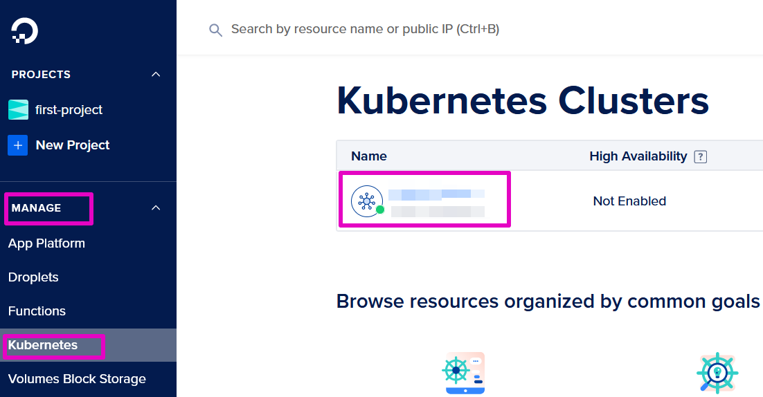 Capture of DigitalOcean, MANAGE, Kubernetes Clusters. Name of cluster blurred and highlighted in purple.