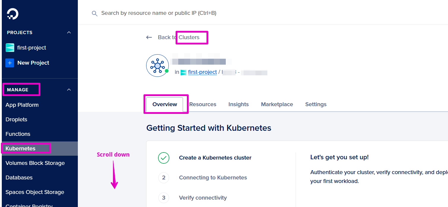 Capture of DigitalOcean, MANAGE, Kubernetes Clusters. Overview tab highlighted in purple. Text: Scroll down.