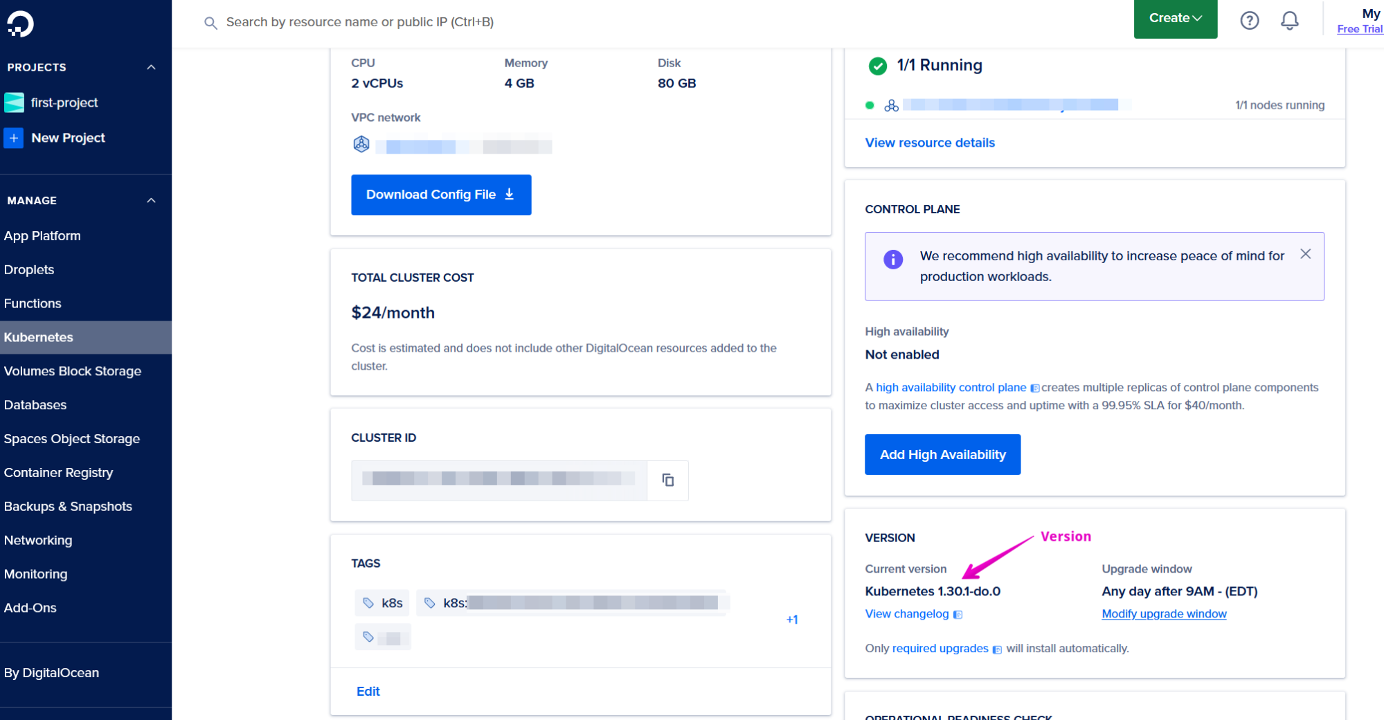 Capture of DigitalOcean, MANAGE, Kubernetes Clusters. VERSION section. For Current version: text like Kubernetes 1.30.1-do.0.