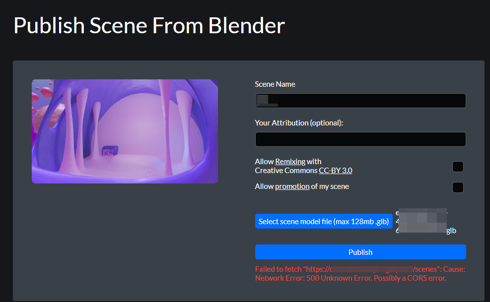 Capture of Hubs Spoke, Publish Scene From Blender. Scene thumbnail image, Name, Attribution, and other options with Publish blue button.