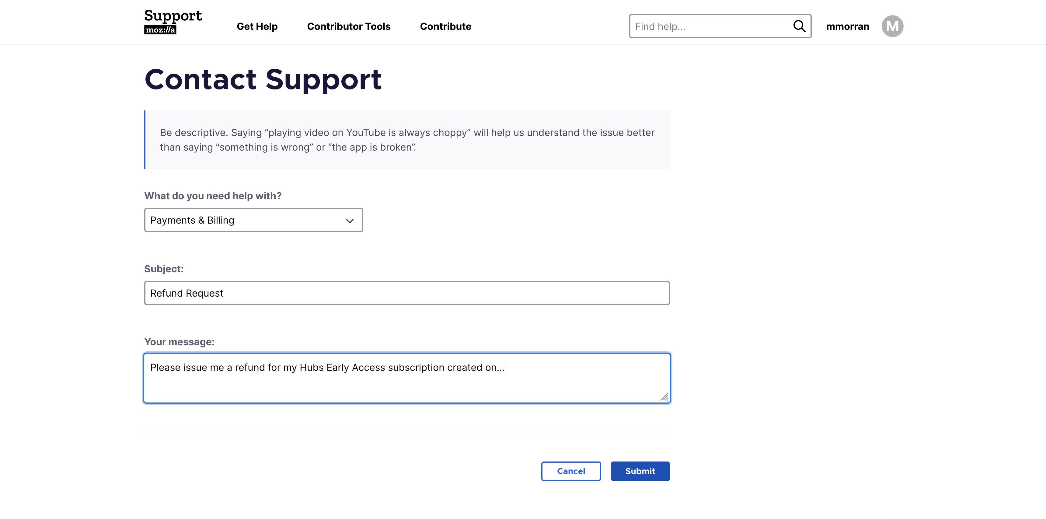 The subscription dashboard