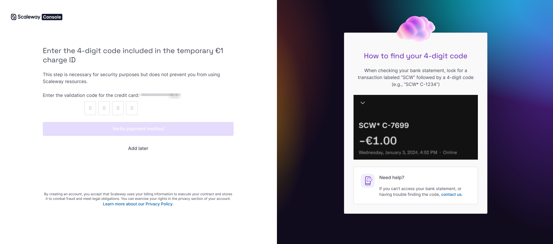 Capture of Scaleway confirmation page to submit the verification code. Instructions indicate that the code is the transaction label. For example, from the prior captures, the code would be 4550.