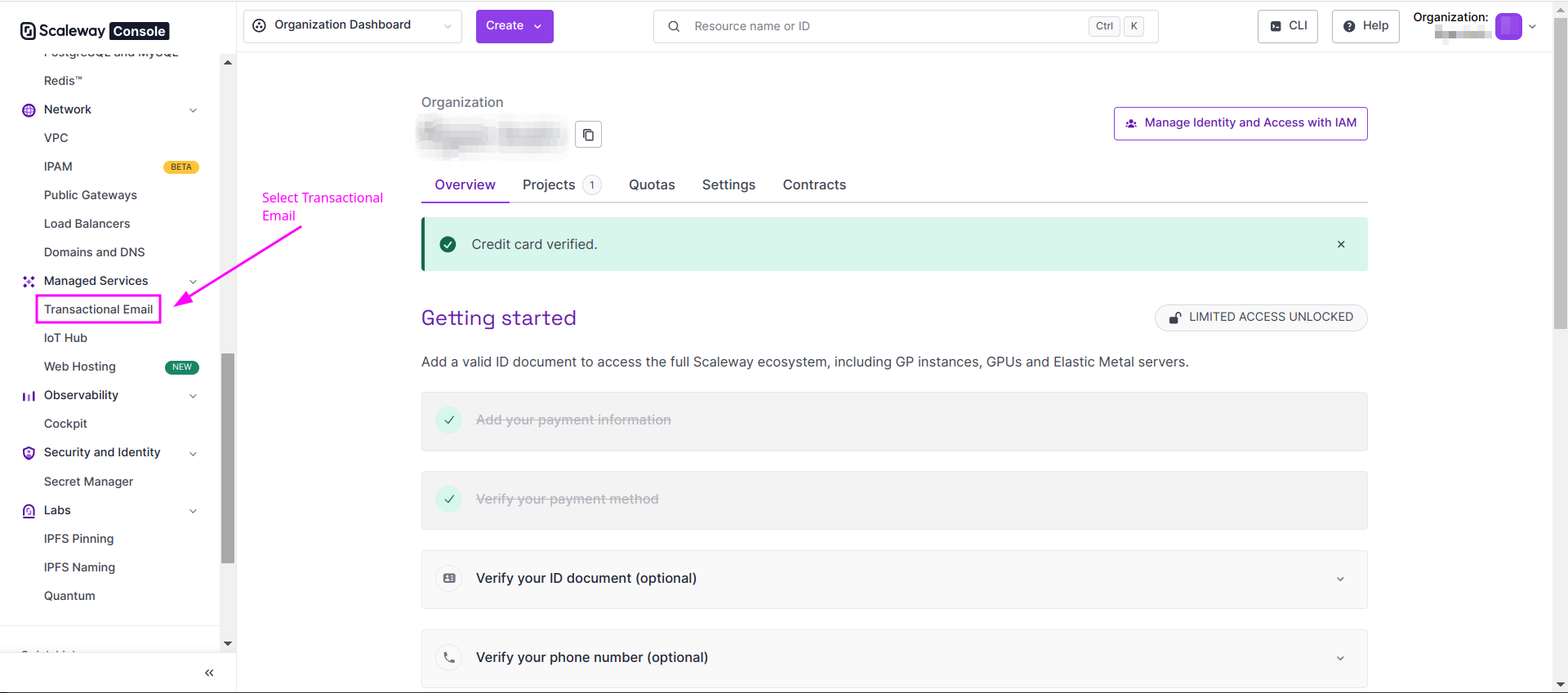 Capture of Scalway Console, Transactional Email section.