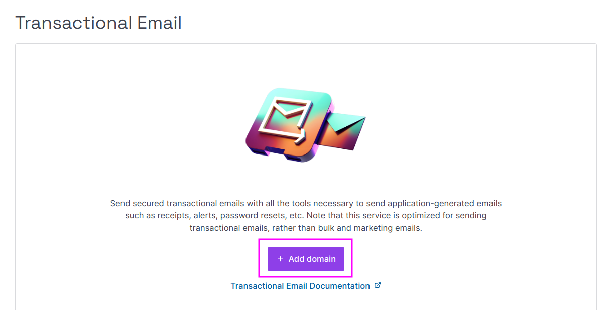 Capture of Scaleway Transaction Email page. "+ Add domain" purple button highlighted in purple.