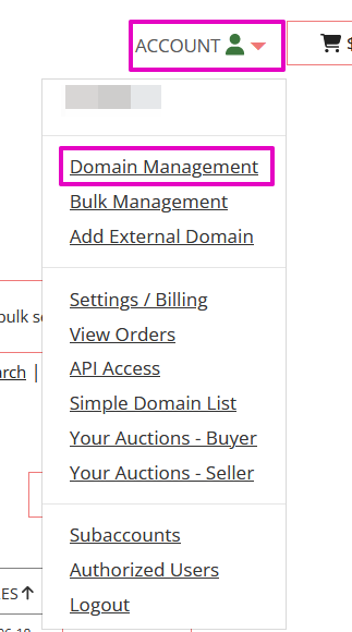 Capture of Porkbun Account page, Domain Management from drop down menu.