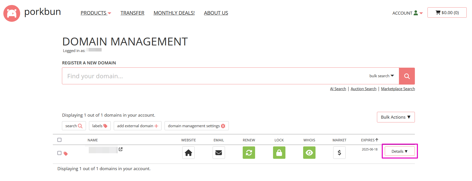 Capture of Porkbun Domain Management page. "Details" button to the right bottom is highlighted in purple.