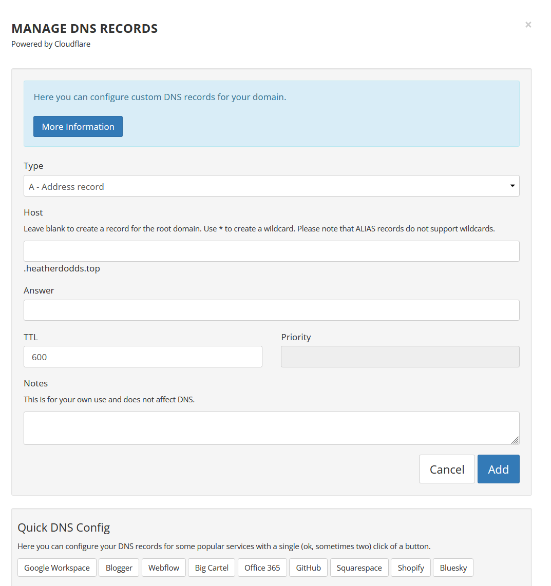 Capture of Porkbun Manage DNS Records popup page. Fields for Type, Host, Answer, and TTL are empty. "Add" blue button is at lower right of popup.