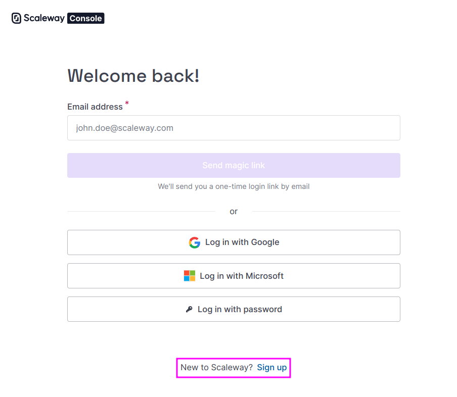 Capture of Scaleway Get Started page with Text "New to Scaleway? Sign up at center bottom highlighted in purple.