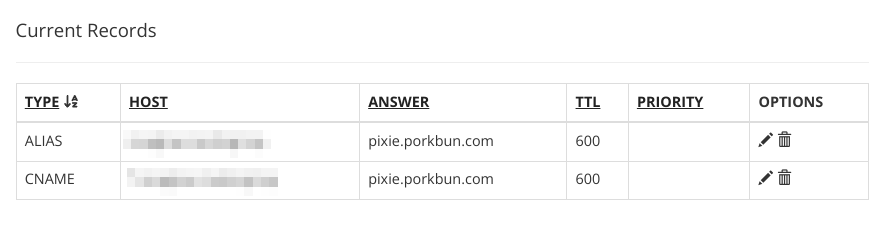 Capture of Capture of Porkbun Manage DNS Records popup page, lower section with Current Records. Could be showing ALIAS and CNAME records.