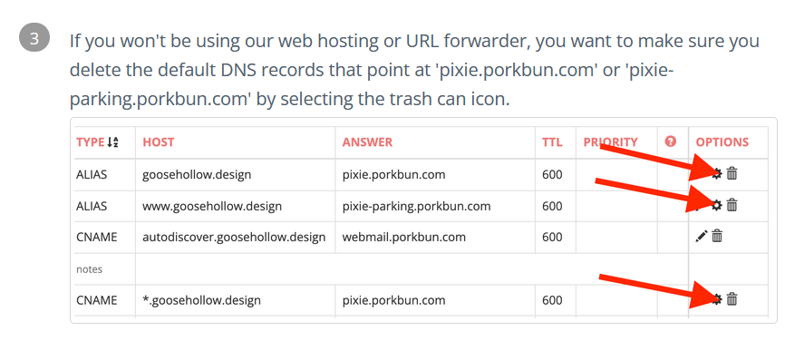 Capture of Porkbun Manage DNS Records popup page. Example of why and how to delete any default DNS records that Porkbun has already made. A trashcan icon the right is highlighted with an arrow.