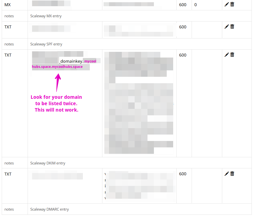 Capture of Porkbun DNS Management, A records page. The A record type "TEXT" might repeat a domain name twice. For example: xxx.domainky.mycoolhubs.space.mycoolhubs.space.