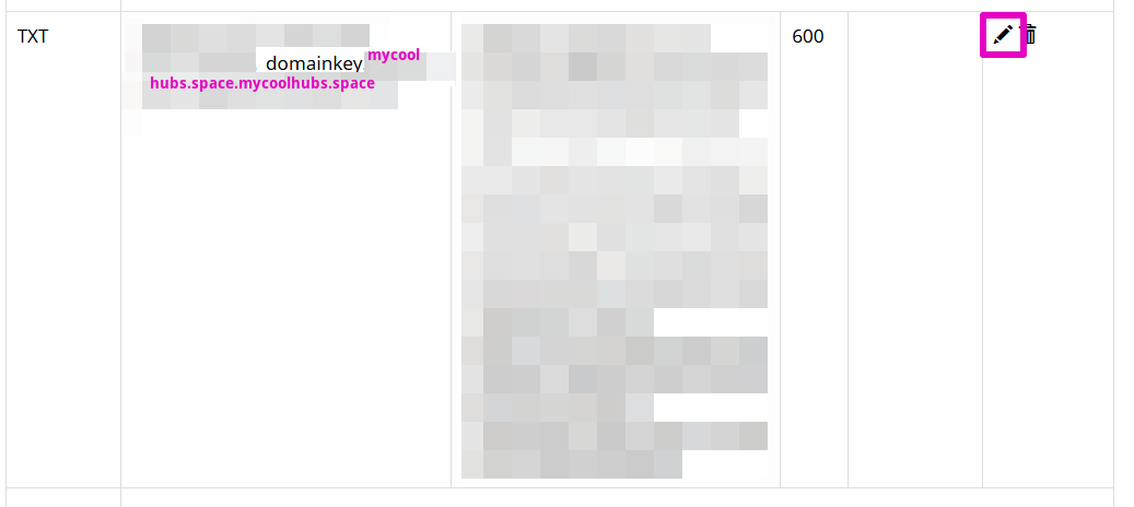 Capture of Porkbun DNS Management, A records. The A record type "TEXT" might repeat a domain name twice. For example: xxx.domainky.mycoolhubs.space.mycoolhubs.space.Edit this entry with the pencil icon highlighted in purple.