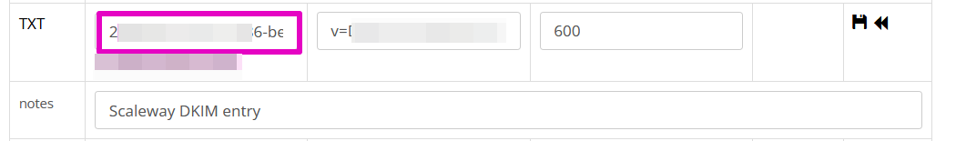 Capture of Porkbun DNS management, A records page, DKIM entry with text entry field highlighted in purple.