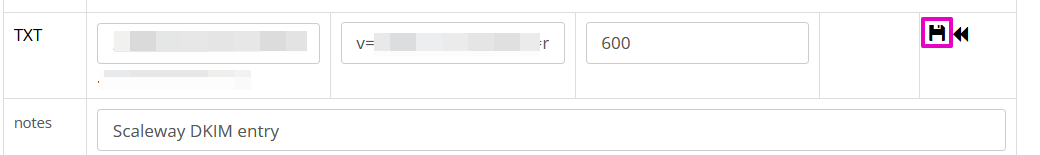 Capture of Porkbun DNS management, A records page, DKIM entry with save icon highlighted in purple.