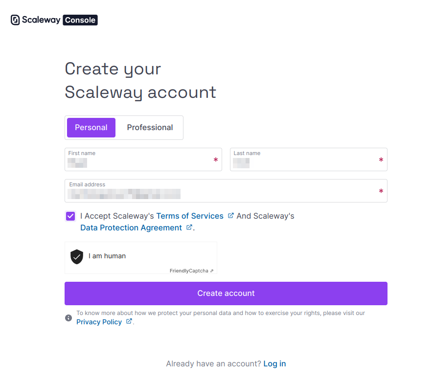Capture of Scaleway Create your Scaleway account page. Fields for First name, Last Name, Email address filled in but blurred. Checkbox for "I Accept Scaleway's Terms of Services And Scaleway's Data Protection Agreement" is checked. Friendly Captcha completed. Create account purple button is at the center bottom of page.
