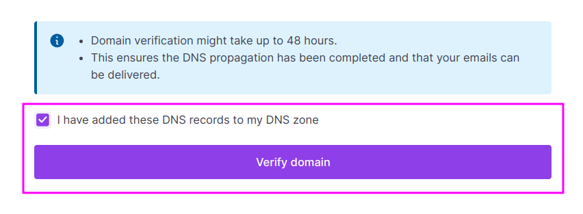 Capture of Scaleway, Add a new domain page. Text: I have added these DNS records to my DNS zone is checked. "Verify domain" purple box is highlighted in purple.