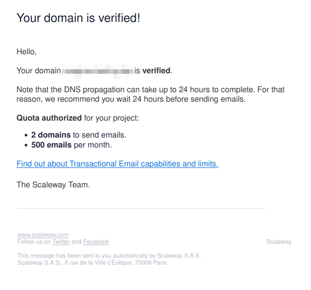 Capture of confirmation email from Scaleway that domain is verified.