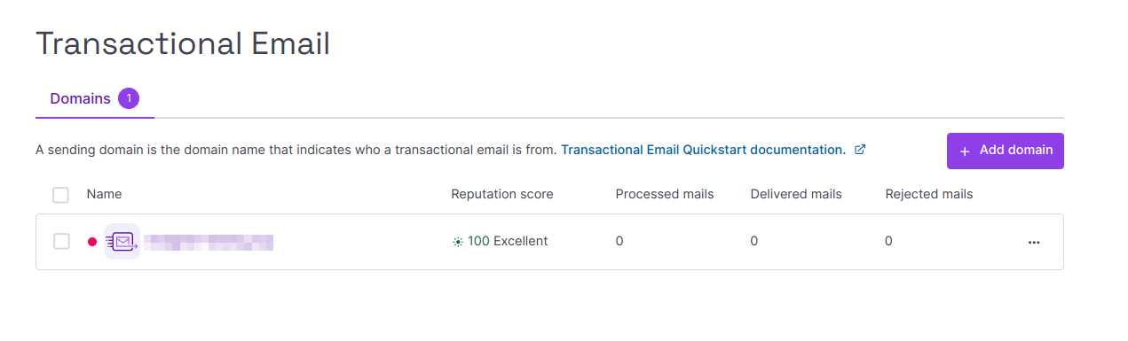 Capture of Scaleway, Transactional Email page. For Domains, the Name field is blurred. There is a small red dot, indicating not verified, to the left of the blurred field.