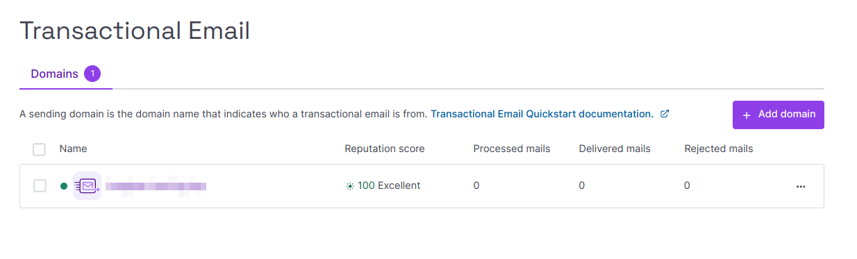 Capture of Scaleway, Transactional Email page. For Domains, the Name field is blurred. There is a small green dot, indicating verified, to the left of the blurred field.