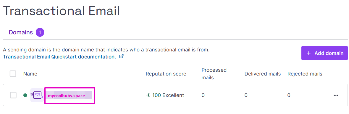 Capture of Scaleway, Transactional Email page. For Domains, the Name field is filled in with mycoolhubs.space as an example.