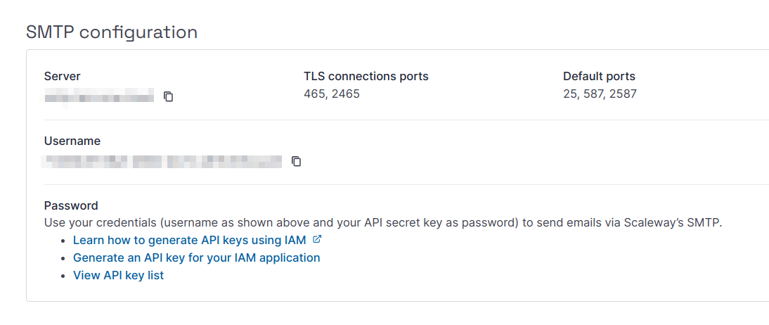 Capture of Scaleway, Overview tab, SMTP configuration. Server and Username text is blurred.