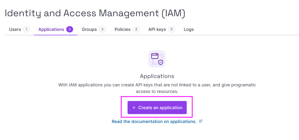 Capture of Scaleway, Identity and Access Management (IAM) page, Applications tab. "Create an application" purple button in low center highlighted in purple.