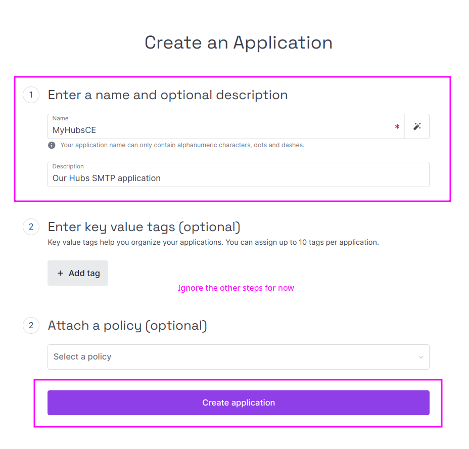 Capture of Scaleway, Identity and Access Management (IAM) page, Applications, Create an Application page. "Enter a name and optional description" and "Create application" purple button highlighted in purple.