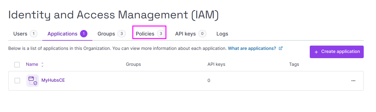 Capture of Scaleway, Identity and Access Management (IAM) page. Policies tab highlighted in purple.