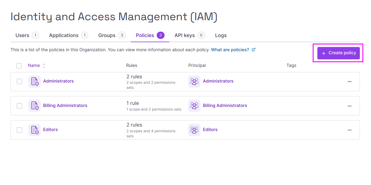 Capture of Scaleway, Identity and Access Management (IAM) page, Policies tab. "Create policy" purple button highlighted in purple near top right.