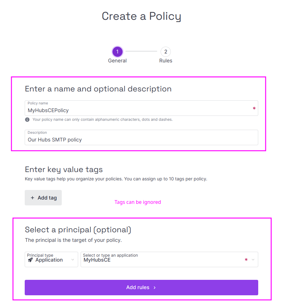 Capture of Scaleway, Identity and Access Management (IAM), Policies, Create a Policy page. Examples name "MyHubsCEPolicy" and description "Our Hubs SMTP policy" filled in. For Select a principal (optional), Principle Type is Application and for Select or type an application, MyHubsCE is chosen. "Add rules" purple button is highlighted in purple.