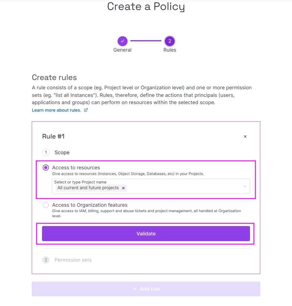 Capture of Scaleway, Identity and Access Management (IAM), Policies, Create a Policy, Create rules page. For Rule #1, "Access to resources" is selected with "All current and future project"  chosen in the drop down menu. "Validate" purple button highlighted in purple.