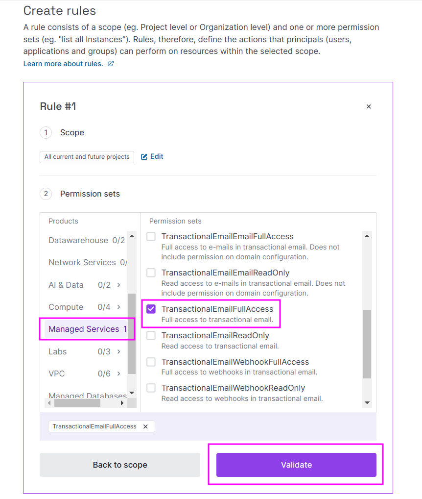 Capture of Scaleway, Identity and Access Management (IAM), Policies, Create a Policy, Create rules, Rule #1 page. For Permission sets, "Managed Services" is selected with "TransactionalEmailFullAccess". Validate purple button is highlighted in purple.