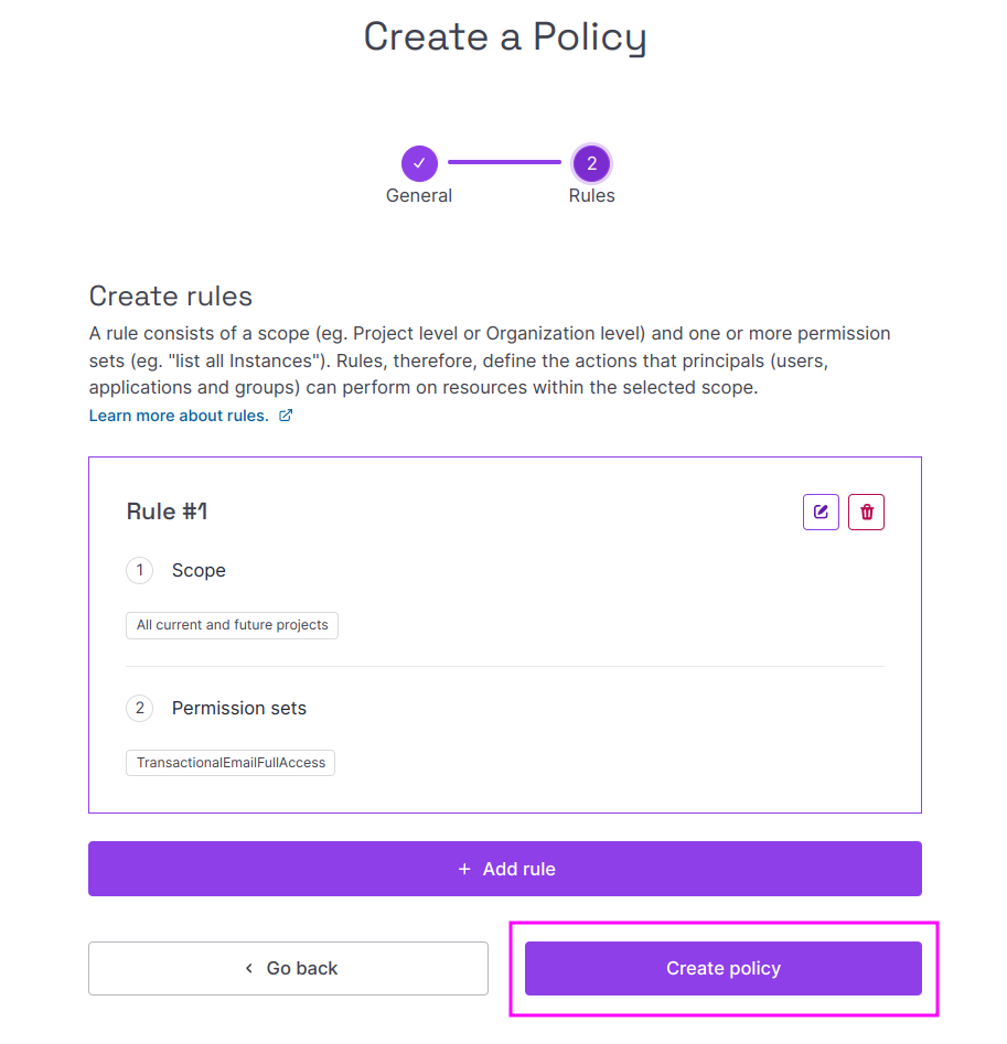 Capture of Scaleway, Identity and Access Management (IAM), Policies, Create a Policy, Create rules, Rule #1 page. "Create policy" purple button at bottom right is highlighted in purple.