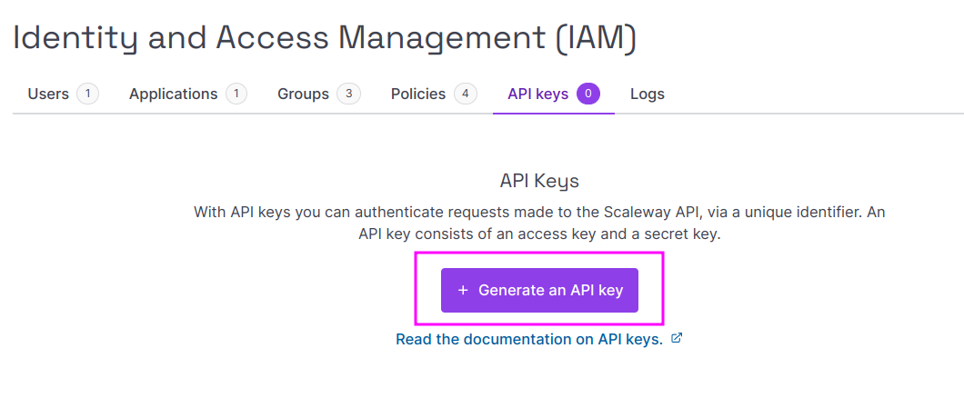 Capture of Scaleway, Identity and Access Management (IAM), Policies page, API keys tab. "Generate an API key" purple button highlighted in purple.
