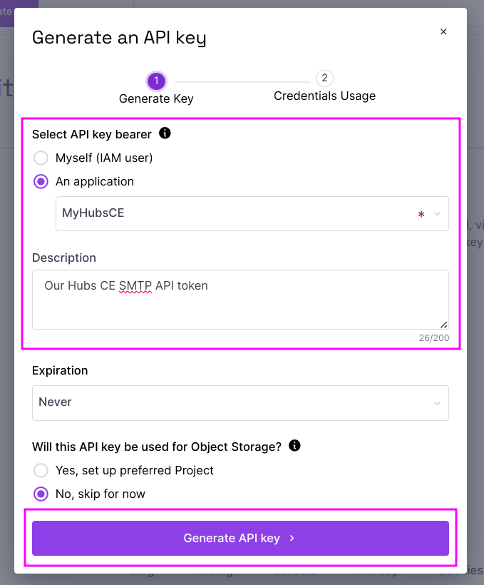 Capture of Scaleway, Identity and Access Management (IAM), Policies page, API keys tab, Generate an API key page. For Select API key bearer, "An application" "MyHubsCE" and description "Our Hubs CE SMTP API token" included. "Generate API key" purple button highlighted in purple.
