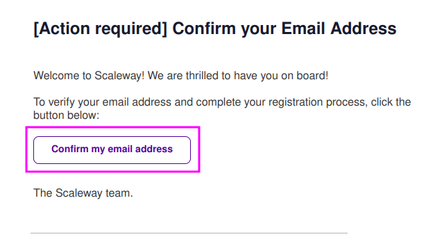 Capture of confirmation example email. "Confirm my email address" button in lower left is highlighted in purple.