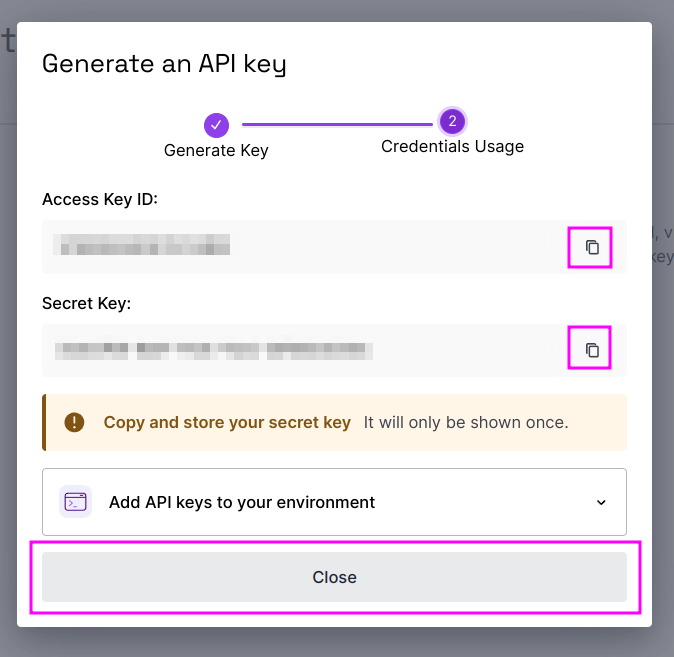 Capture of Scaleway, Identity and Access Management (IAM), Policies page, API keys tab, Generate an API key page. Access Key ID and Secret ID codes are blurred. Copy text button to the right of the codes and "Close" gray button is highlighted in purple.