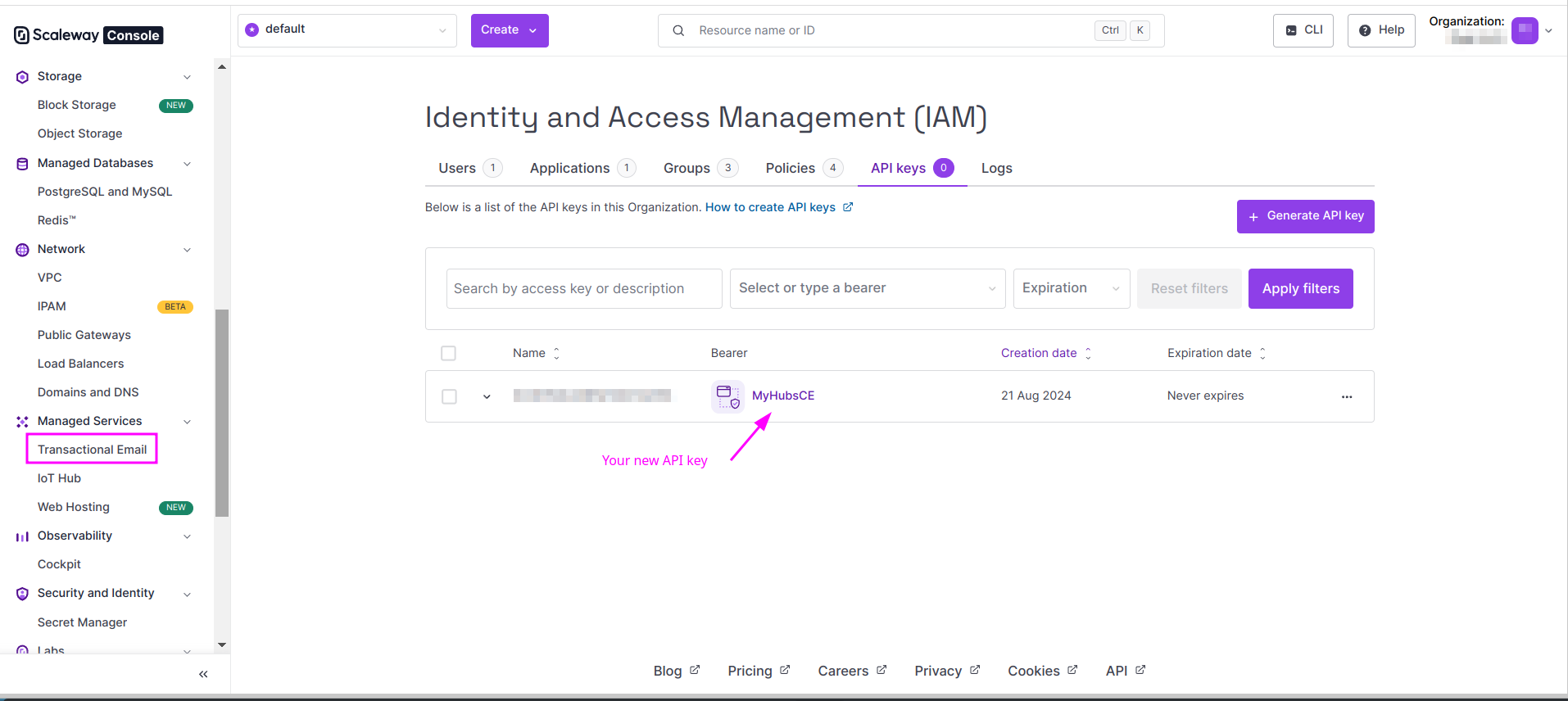 Capture of Scaleway, Identity and Access Management (IAM), Policies page. Transactional Email menu on the left is highlighted in purple.