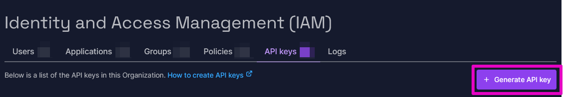 Capture of Scaleway, Identity and Access Management (IAM) page. Generate API key button is highlighted.