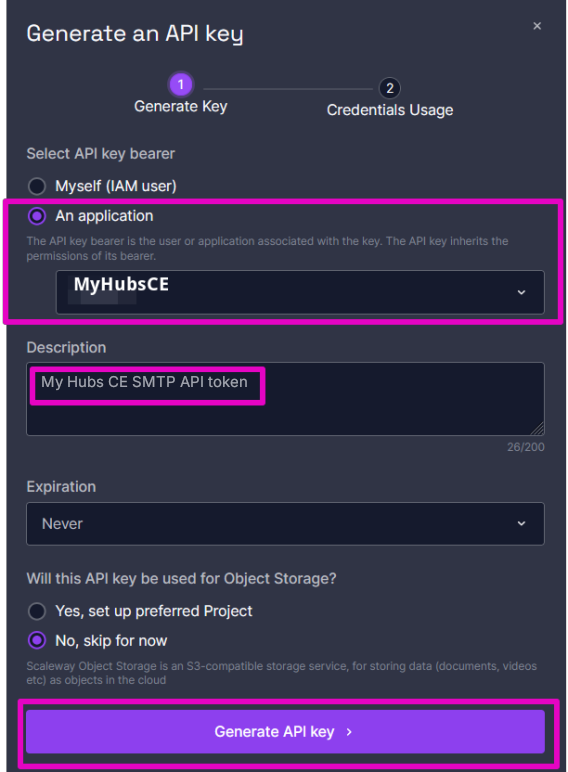 Capture of Scaleway, Generate an API key page. For Generate key, Select API key bearer, An application with the MyHubsCE is highlighted. Description field with text: My Hubs CE SMTP API token is highlighted.  Generate API key is highlighted.
