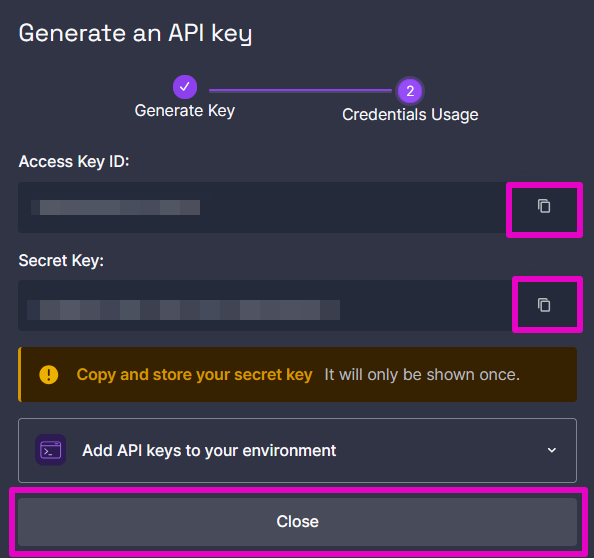 Capture of Scaleway, Identity and Access Management (IAM), Policies page, API keys tab, Generate an API key page. Access Key ID and Secret ID codes are blurred. The copy text button to the right of the codes and the Close gray button are highlighted.